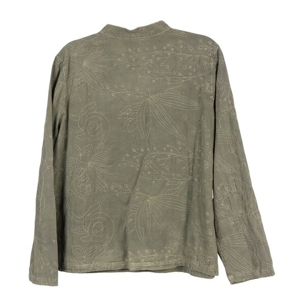 Denim & Co Button Up Shirt L Womens Olive Green Floral Embroidered Collar Pocket - Picture 5 of 5